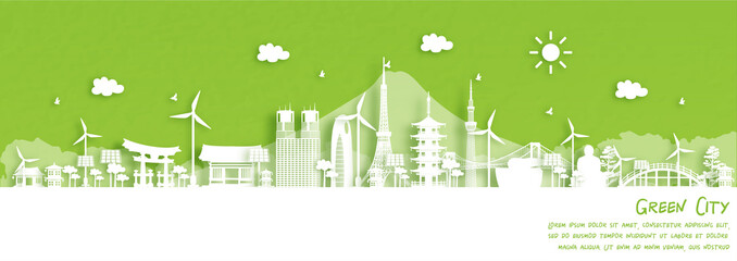 Fototapete - Green city of Tokyo, Japan. Environment and ecology concept in paper cut style. Vector illustration.
