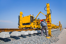 Metro (train) Construction Site, Railroad Track Installation Machine Is In Use