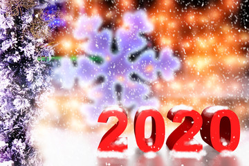 Wall Mural - 2020 christmas new year background of winter falling snow wonderland at night against garland lights decoration. Side view of city street light and christmas tree branches in snow. 3D illustration