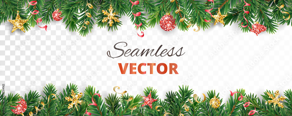 Vector Christmas decoration. Christmas tree border, frame with golden ornaments. - obrazy, fototapety, plakaty 