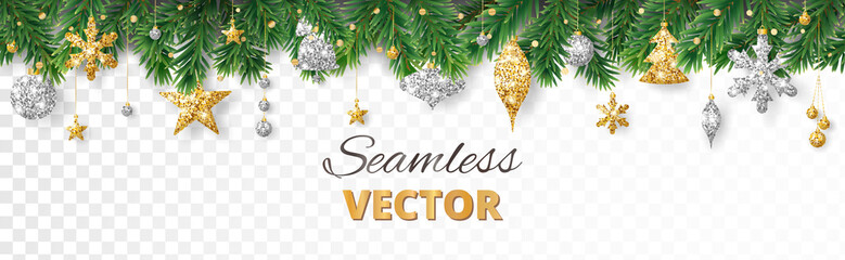 Wall Mural - Vector Christmas decoration. Christmas tree border, frame with golden ornaments.