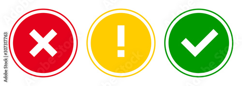 Fotografía Set of round x mark, exclamation point, check mark icons, buttons isolated on white background