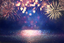 Abstract Gold, Black And Blue Glitter Background With Fireworks. Christmas Eve, 4th Of July Holiday Concept