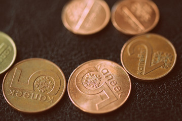 Wall Mural - Belarusian coins on a dark surface close-up. Money background retro style toned