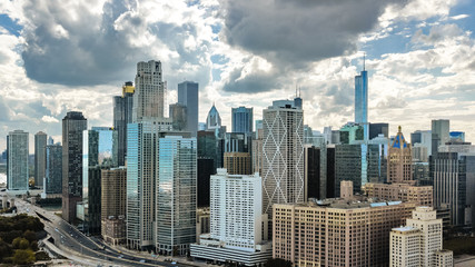 Wall Mural - Chicago skyline aerial drone view from above, city of Chicago downtown skyscrapers and lake Michigan cityscape, Illinois, USA