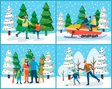 Winter Holidays Of Families. Dad Teaching Kid To Play Ice Hockey. People On Jet Riding Through Landscapes And Snowy Hills. Mom And Father With Child Skiing And Skating On Rink Flat Style Vector