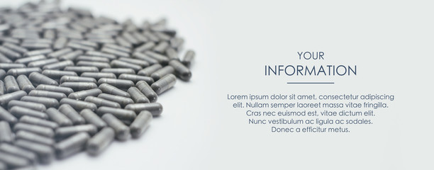 Wall Mural - Pills spilled out. Medical conception. First Aid Kit. Web article template. Long header banner format. Sale coupon. Visit card. Your information. Text space.	