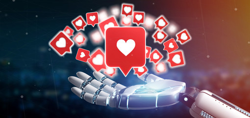 Poster - cyborg hand holding a like notification on a social media 3d rendering