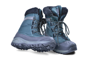 Wall Mural - off-road boots insulated for the cold season, high shin, lacing, anti-slip corrugated reinforced sole for travel and winter fishing isolate