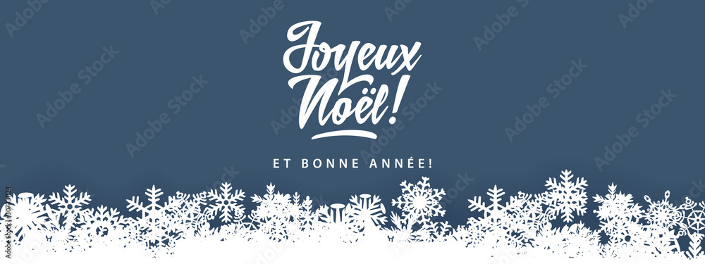 Joyeux Noel - Merry Christmas in french language blue flat card template with decorative design elements, snowflakes - obrazy, fototapety, plakaty 