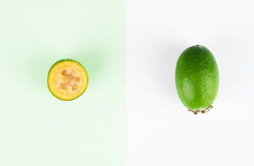 Juicy and ripe feijoa isolated on a white background. Healthy autumn fruit.