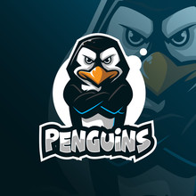 Penguin Mascot Logo Design Vector With Modern Illustration Concept Style For Badge, Emblem And Tshirt Printing. Angry Penguins Illustration.