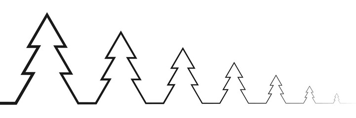 The black outline of the trees of the Christmas tree is connected by one outgoing line from large to small on a white background. New year minimalistic design for greeting cards, banners with place fo