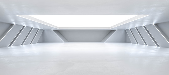 Poster - abstract white background architexture warehouse hall with blue futuristic lighting 3d render illust