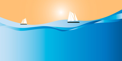 Yachts in the ocean on a clear sunny day. Simple flat design. Horizontal execution.