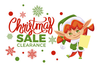 final christmas sale and winter discount in shops. little elf girl in green costume holding blank wi
