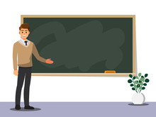 Young Male Teacher On Lesson At Blackboard In Classroom,Vector Illustration Cartoon Character.