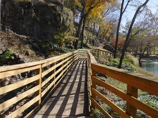 Wall Mural - Wooden walkway with railings by the side of a flowing spring in autumn
