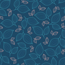 Vector Repeat Pattern With Light Blue And Pink Leaves On Dark Blue Background.
