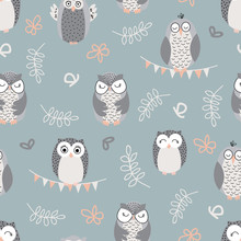 Vector Repeat Pattern With Cute Owls On Green Background. Hand-drawn Style, Pastel Colors. One Of " The Owls" Collection Patterns.