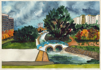 autumn city park river pond watercolor illustration