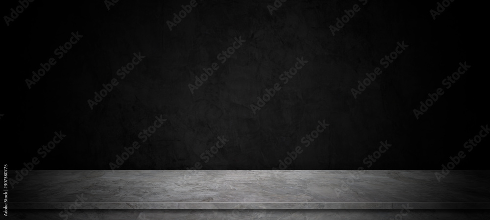 The black room, perspective cement floor or concrete shelf table, used as a studio background wall to display your products.loft style - obrazy, fototapety, plakaty 
