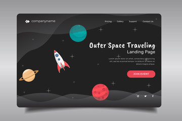landing page with outer space illustration, space background, rocket and planet illustration, vector