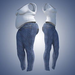 Conceptual fat overweight obese female jeans undershirt vs slim fit healthy body after weight loss or diet thin young woman on blue. Fitness, nutrition or fatness obesity health shape 3D illustration