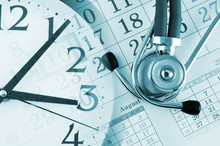 Regular Medical Examination Concept, Stethoscope On Calendar And Clock
