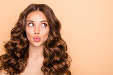 Close-up Portrait Of Her She Nice-looking Attractive Sweet Gorgeous Girlish Curious Wavy-haired Girl Looking Aside Sending Kiss Pout Lips Copy Space Isolated Over Beige Pastel Color Background