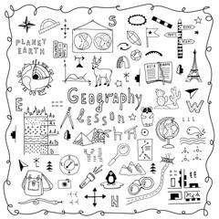 Symbols and drawings for a school geography lesson, set on a white background. Hand drawn vector doodle line illustration. Globe, world map, animals, signs, schemes. Design of cover, banner.