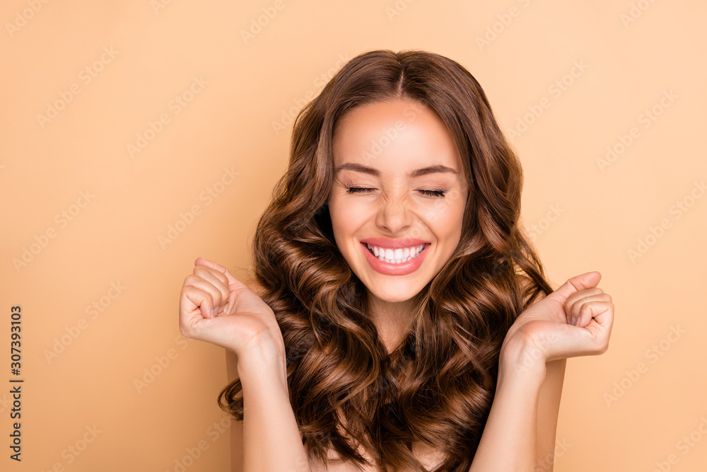 Close-up portrait of nice attractive lovely gorgeous girlish excited cheerful cheery dreamy lucky wavy-haired girl enjoying expecting pleasure isolated on beige pastel color background - obrazy, fototapety, plakaty 