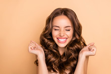 Close-up Portrait Of Nice Attractive Lovely Gorgeous Girlish Excited Cheerful Cheery Dreamy Lucky Wavy-haired Girl Enjoying Expecting Pleasure Isolated On Beige Pastel Color Background