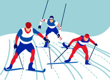 Alpine Skiing. In Minimalist Style Cartoon Flat Raster