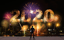 Businessman Stand On Roof Top Of Skyscrabber Watching Fireworks Business Success Conceptual Image For The Year 2020