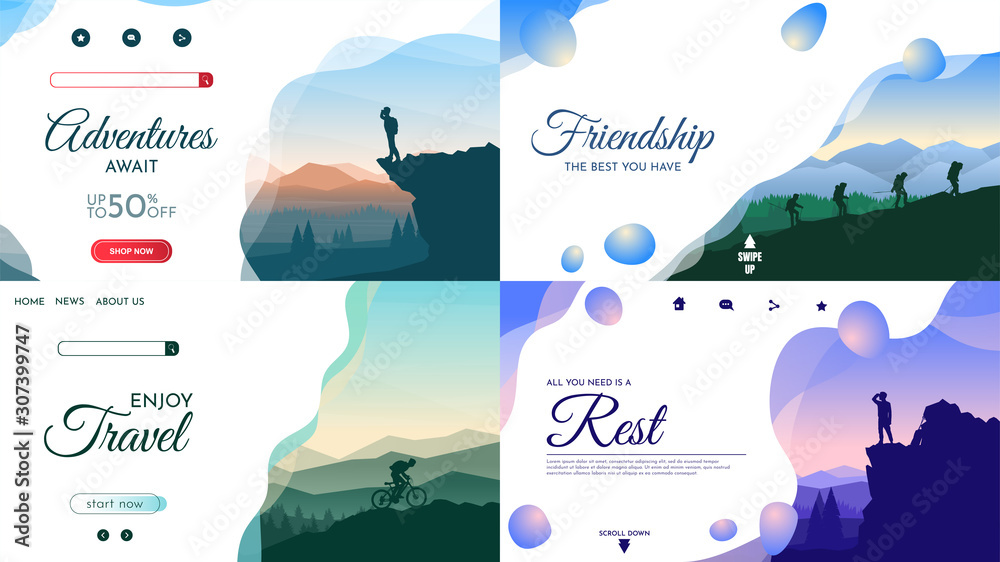 Vector backgrounds set. Travel concept of discovering, exploring and observing nature. Hiking. Adventure tourism. Flat design template of gift cards, cover, banner, invitation, poster, website layout. - obrazy, fototapety, plakaty 