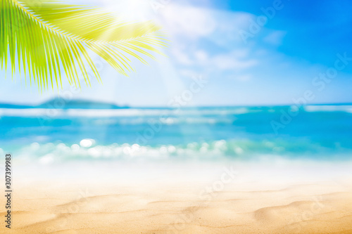 Blur beautiful nature green palm leaf on tropical beach with bokeh sun light ...