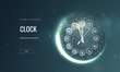 Clock low poly landing page template. New Year holiday symbol web banner. 3d watch dial polygonal illustration. Timepiece, glowing horologe with Roman numerals mesh art homepage design layout