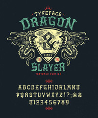 Font Dragon Lord. Pop vintage letters, numbers