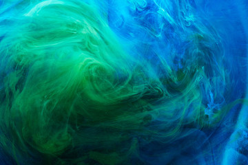 Poster - Abstract blue green background, underwater art. Colorful swirling paint smoke