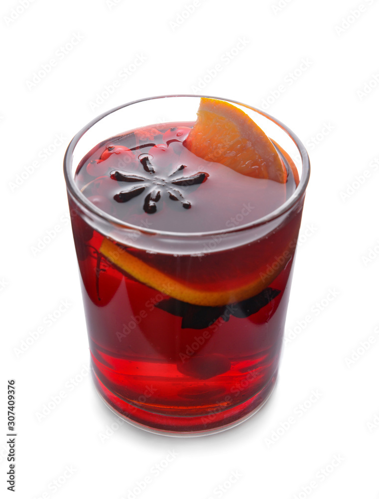 Glass of tasty mulled wine on white background