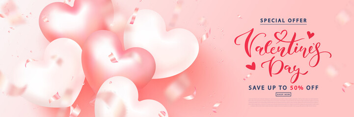 Wall Mural - Happy valentine's day sale banner. Holiday background with flying balloons and streamers.Vector illustration for website,posters,ads,coupons,promotional material.