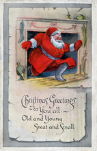Santa In A Red Suit, Coming Out Of Fireplace, Stockings Hung From Mantle.  Merry Christmas, Vintage Postcard Graphics Illustration. Old And Young Great And Small.