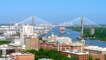 Aerial Drone Shot Of Savannah Georgia, Harbor, & Bridge 4K