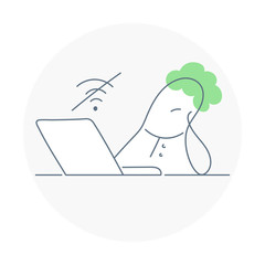 Fototapete - Wifi Denied, network error. Upset cartoon character is offline, he sitting near laptop and waiting for internet connection. Clean minimal line vector illustration on white.