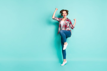 Canvas Print - Full length photo of enthusiastic girl win lottery raise fists scream yeah wear casual style clothing isolated over green color background