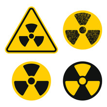 Yellow And Black Grunge Radioactive Radiation Warning Icon Symbol Shape. Atomic Energy Nuclear Danger Caution Logo Sign. Vector Illustration Image. Isolated On Yellow Background.