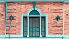 Edwardian Style Window And Building In Sydney, Australia. Blue Window On The Red Brick Wall. 
