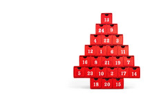 Isolated Advent Calendar.  Red Christmas Tree Made Cardboard With White Numbers. All Numbers Visible. 