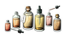 Small Extracts, Essential Oil Or Medicine Bottle Set. Bottles Filled With Liquid Vector Illustration.